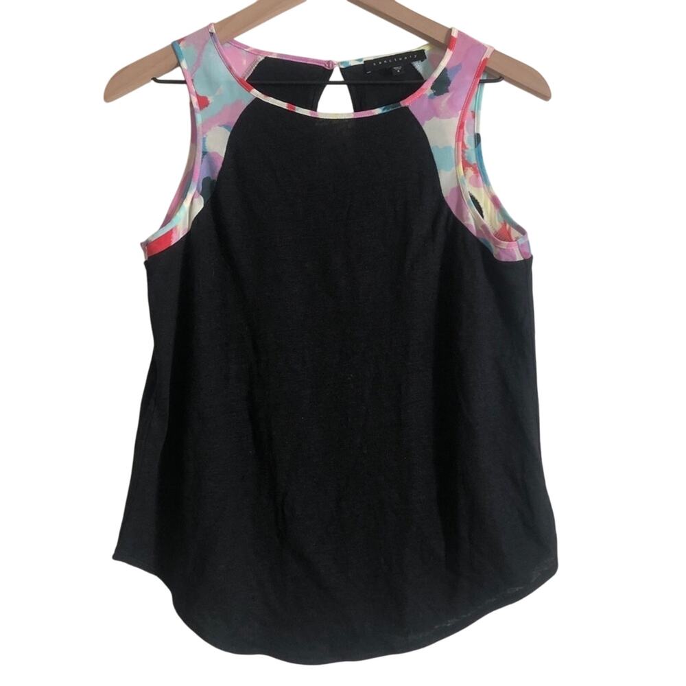 Anthropologie Sanctuary Linen Black Contrast Multicolor Straps Keyhole Tank Top